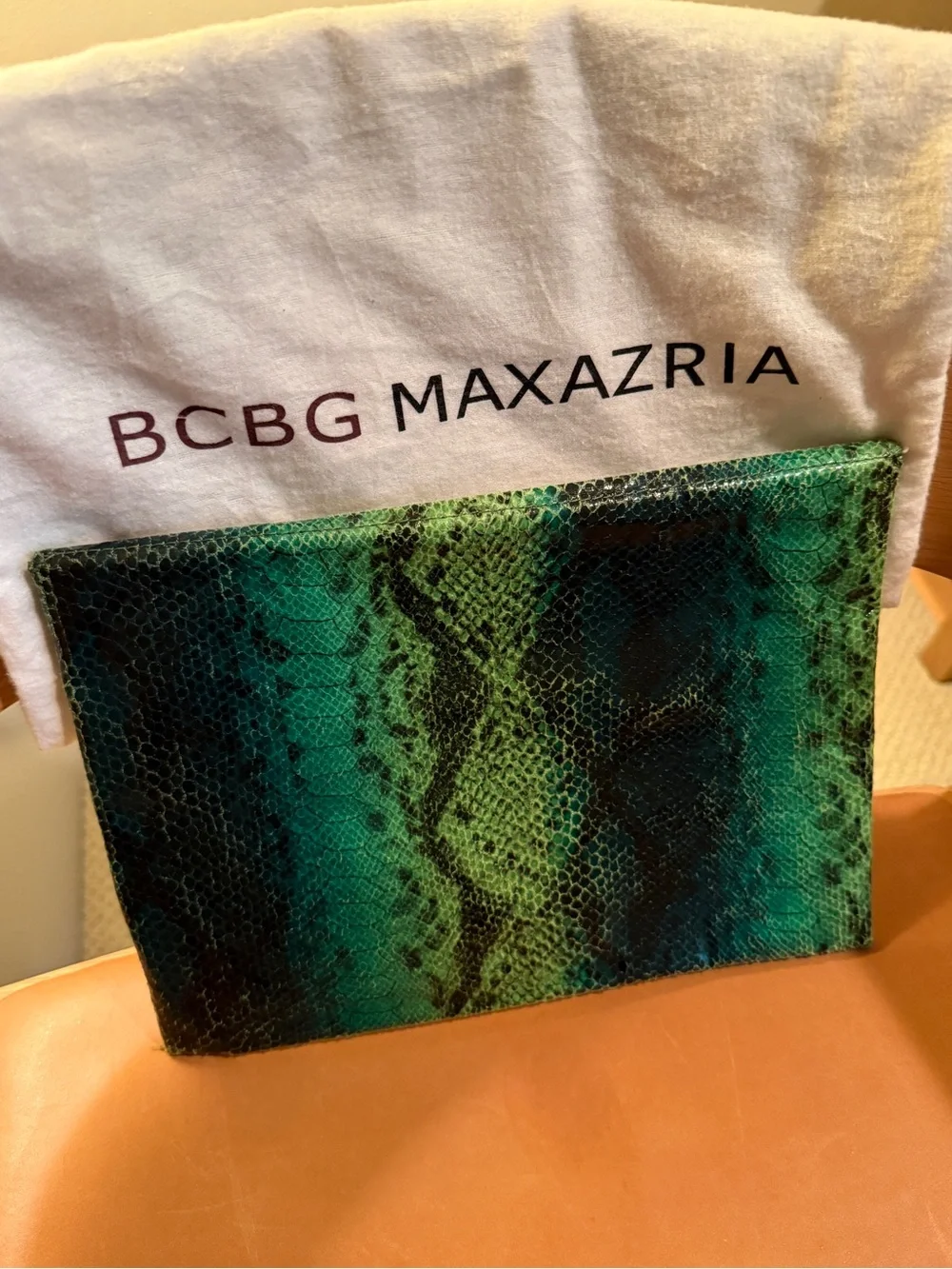 BCBGMAXAZRIA Green Snake-Print Envelope Clutch